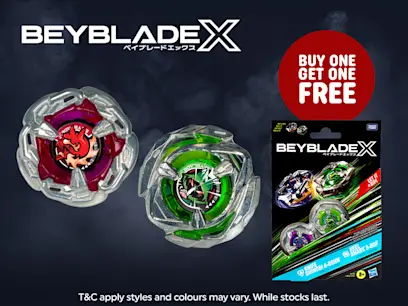 The Beyblade X Spinning Top Dual Pack Assortment on a black and grey background.