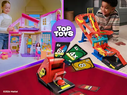 mattel iconic brands on the colourful background with top toys logo 