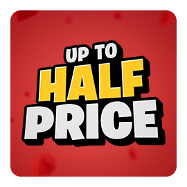 Up to Half Price yellow text on the red background 