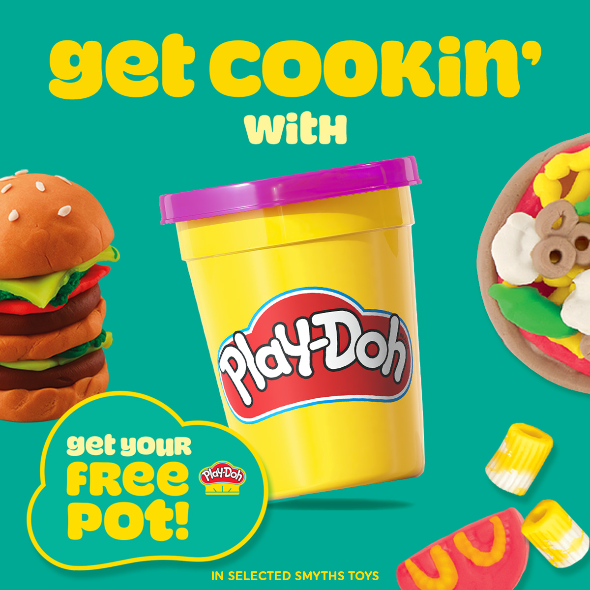 Play-Doh promotional graphic with a yellow tub of modelling compound surrounded by colourful food shapes. Text reads “get cookin’ with Play-Doh” and “get your FREE pot!” for selected Smyths Toys.