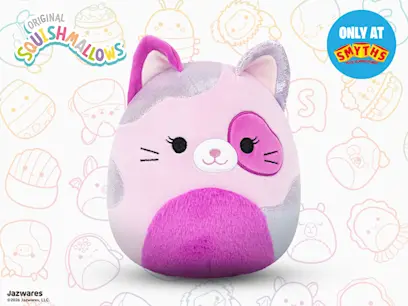 Original Squishmallows Plush Ilsa the Pink Cat 20cm on a white background with squishmallow shapes on it.