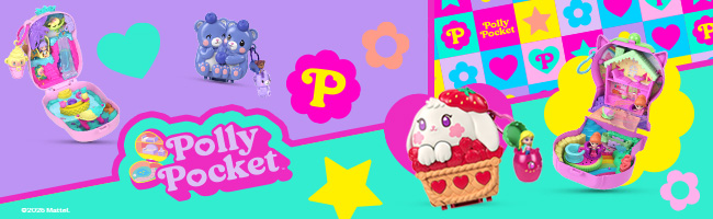 A range of Polly Pocket toys on a purple and green background.
