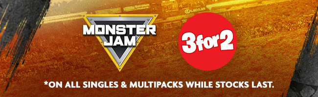 3 for 2 promotion red decal on Monster Jam banner 