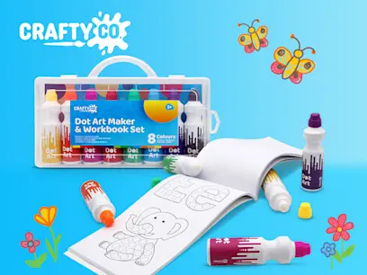 Crafty Co. Dot Art Marker Colouring Activity Workbook Set on the blue bakcground
