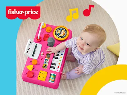 Fisher-Price promotional image showing a baby playing with a bright pink Mix & Learn DJ Table featuring piano keys, buttons, a microphone and music controls. Colourful music-note graphics and the Fisher-Price logo appear around the scene.