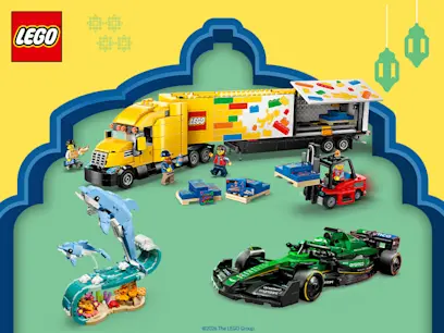 Three LEGO Sets displayed on a green and yellow background