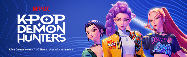 The characters from KPop Demon Hunters on a bright purple background.