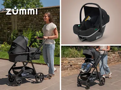 Zummi Origin 2 2-in-1 Travel System with EnfaSafe i-Size Car Seat Black different variants on the outdoor backgrund 