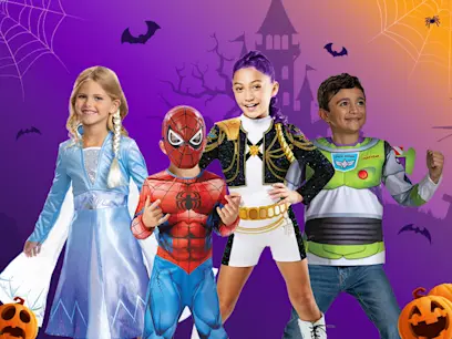 Halloween costume promotion showing four children dressed as a princess, Spider-Man, a glamorous performer and Buzz Lightyear, against a purple haunted-house background with bats, spiderwebs and pumpkins.