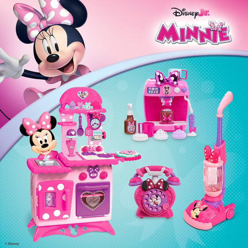 A selection of Disney Junior Minnie Mouse toys on a light blue and pink background with Minnie Mouse character on the top left hand side of the image.