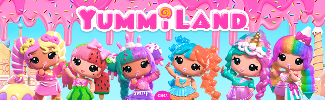 Yummiland Characters on a pink and blue background