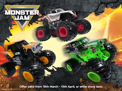 A selection of monster jam trucks on the yellow and black background 