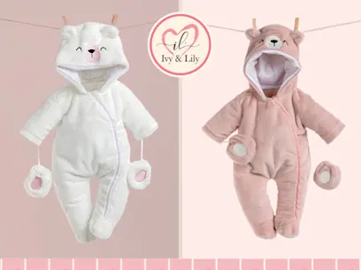 Ivy & Lily promotional image showing two baby onesies: a white bear-themed hooded onesie with matching mittens on the left and a pink bear-themed hooded onesie with matching mittens on the right.