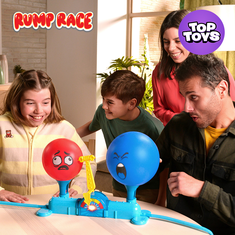 A family playing the Rump Race Game on a table in a bright living room.