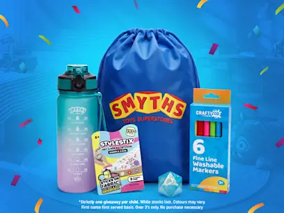 Smyths Toys giveaway display featuring a blue drawstring bag, Smyths water bottle, StyleStix sample pack and CraftyX six-pack of washable fine-line markers. Text states one giveaway per child, while stocks last, for ages 3+.
