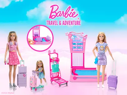 Three Barbie Limitless Adventure Dolls on a pink background.