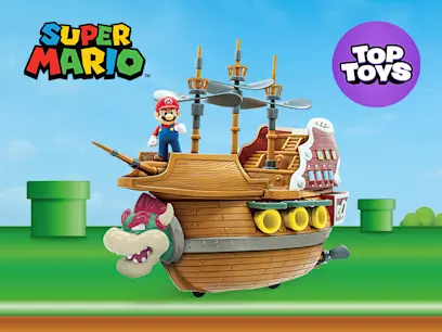 The Nintendo Super Mario Playset Bowser's Airship Deluxe on a blue and green background.