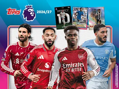 A selectioin of the Topps Premier League Official Trading Cards 2026/2027 on a blue background.