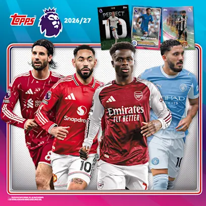 A selectioin of the Topps Premier League Official Trading Cards 2026/2027 on a blue background.