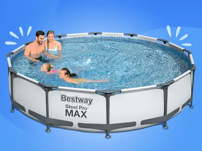 A family enjoy cooling off in the 12ft x 30 Inch Bestway Steel Pro Max Pool