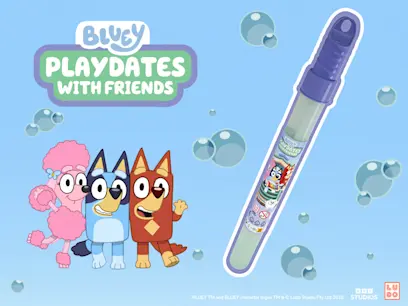 Bluey Giveaway Bubble want and Bluey characters on the blue background 