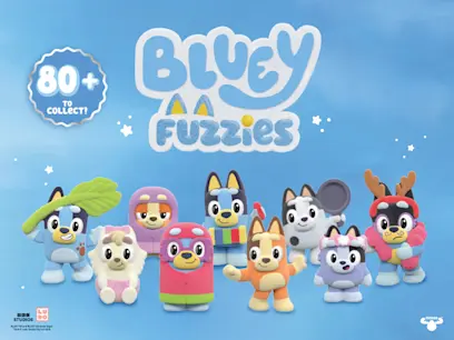 A selection of Bluey Fuzzies figures on a blue background.