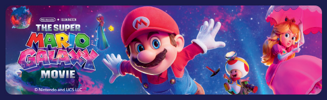 Super Mario and characters on a dark blue space galaxy background.