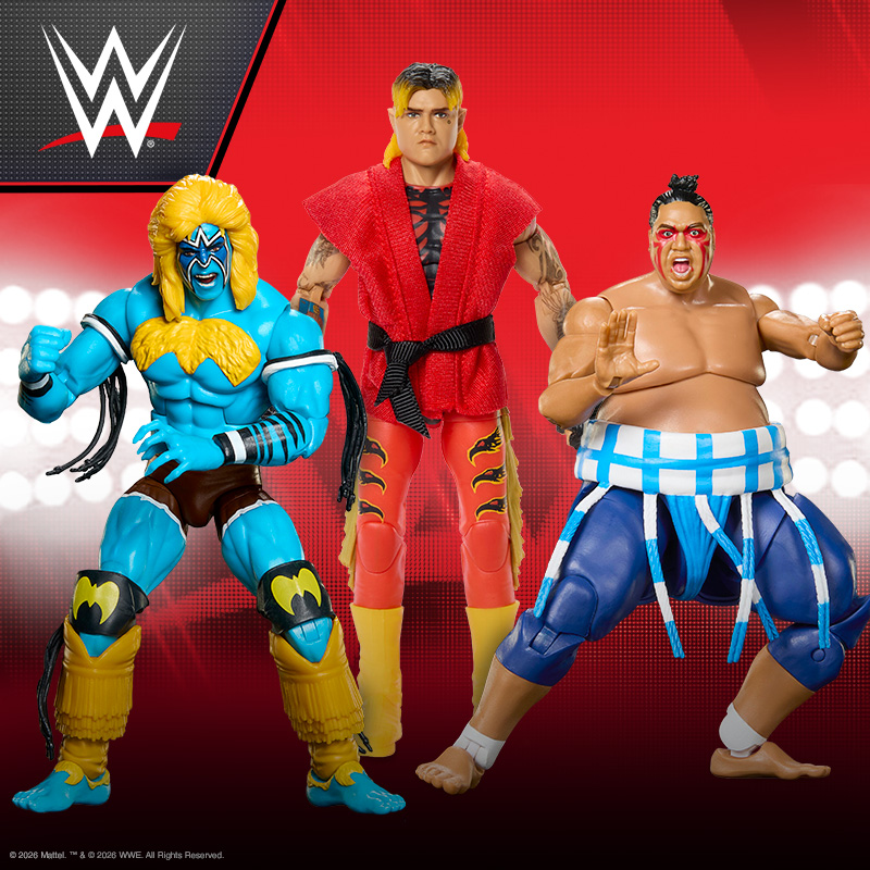 WWE promotional image featuring three wrestling action figures posed against a red arena-style background: a blue-and-yellow masked wrestler, a red-gi fighter with blond hair, and a sumo-style wrestler in blue attire. WWE logo appears in the top corner