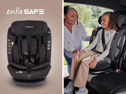 different variants of Enfasafe Rubex i-Size ISOFix R129 Car Seat Black on the outdoor and brown background 