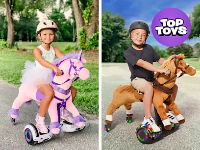 Two kids sitting on the Power Pony Electric Ride Ons on a footpath outdoors.