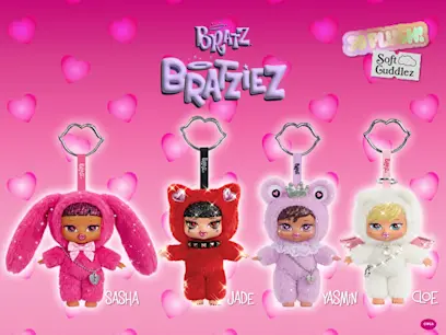 The Bratz Bratziez Sweetheartz Blind Box Plush Assortment on a pink background.