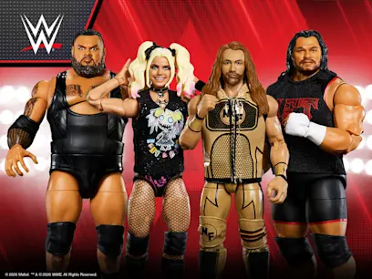 WWE action figures featuring four wrestling superstars pose together against a bold red arena backdrop, showcasing detailed outfits and dynamic stances. A striking promotional image for fans and collectors.