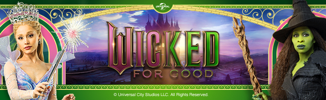 Wicked for Good movie themed background with the characters Glinda and Elphaba.