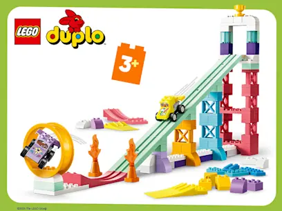 LEGO DUPLO 3+ campaign image showing a colourful 3-in-1 creative ramps set with toy vehicles, ramps, tracks, blocks and a tall multi-level ramp structure. LEGO DUPLO branding appears in the upper left.