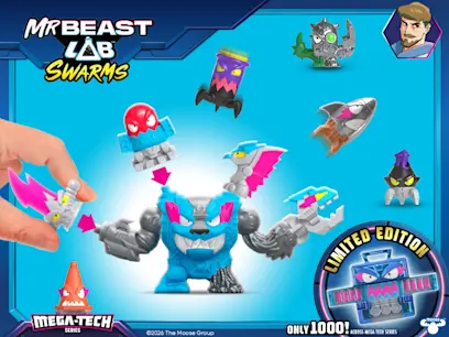 A selection of the MrBeast Lab Swarms MEGA-TECH Series Figures Assortment on a dark and light blue background.
