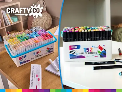 Crafty Co. promotional image showing a 300-pack of deluxe dual-tip markers in a colorful storage box on the left and a 152-pack of dual-tip markers in a white case on the right.