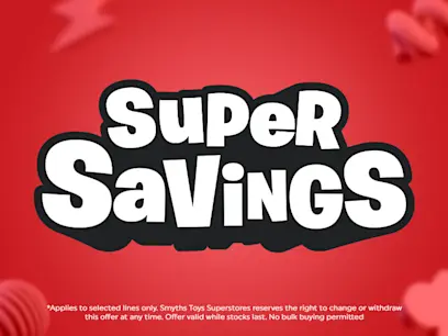 Promotional graphic with large white “SUPER SAVINGS” text outlined in black on a bright red background. Small disclaimer text at the bottom says the offer applies to selected lines and is subject to availability.