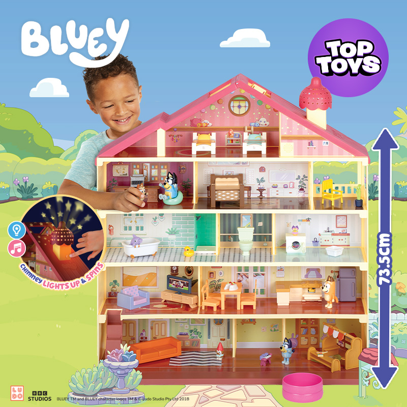 Bluey's Light and Surprise Mega House Playset on the blue and green background 