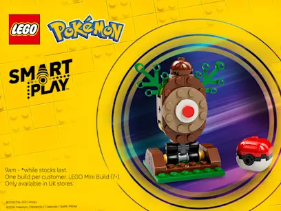 LEGO Pokemon Make & Take Event set on a yellow background.