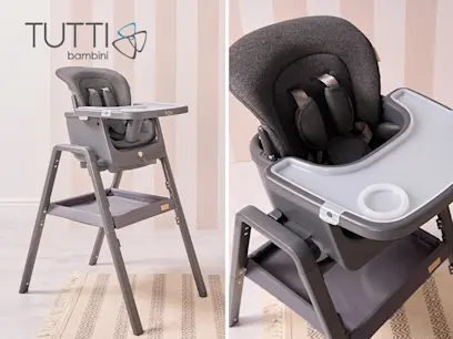 Tutti Bambini Nova Lite grey high chair and baby rocker on the indoor background 