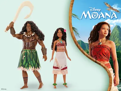 Disney Moana Doll Maui and Moana on a pale turquoise background with an insert of the Disney Moana Live Action Movie scene on the right hand side.