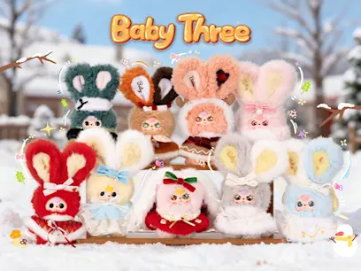 collection of Baby Three Winter Series Plush Box Assortment on the snowy background 