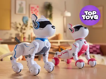Ziggy & Zoey Robo Dogs on the floor in a living room facing forward