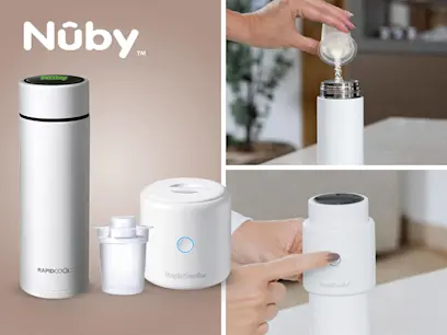 variants of Nuby RapidCool & RapidSterilise Kit on the brown background 