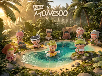 Hoho Monboo scene featuring several small, childlike characters relaxing around a tropical jungle pool. One character floats in the water while others sit on the rocks and shore, surrounded by palm trees and lush greenery.