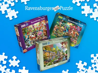 Ravensburger Puzzle promotion featuring three 1,000-piece puzzle boxes with colourful scenes, including a busy shop, a fantasy landscape and a picturesque riverside village, on a bright blue background with puzzle-piece borders.