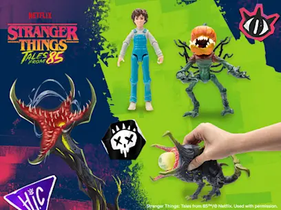 A selection of the Stranger Things: Tales from '85 series figures on a dark blue and green Stranger Things themed background.