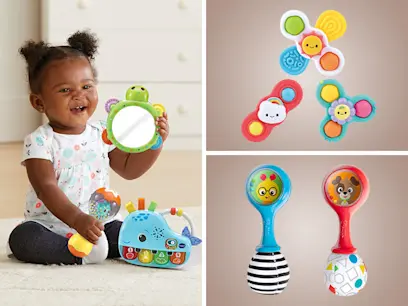 selection of Baby Activity Toys on the brown background 