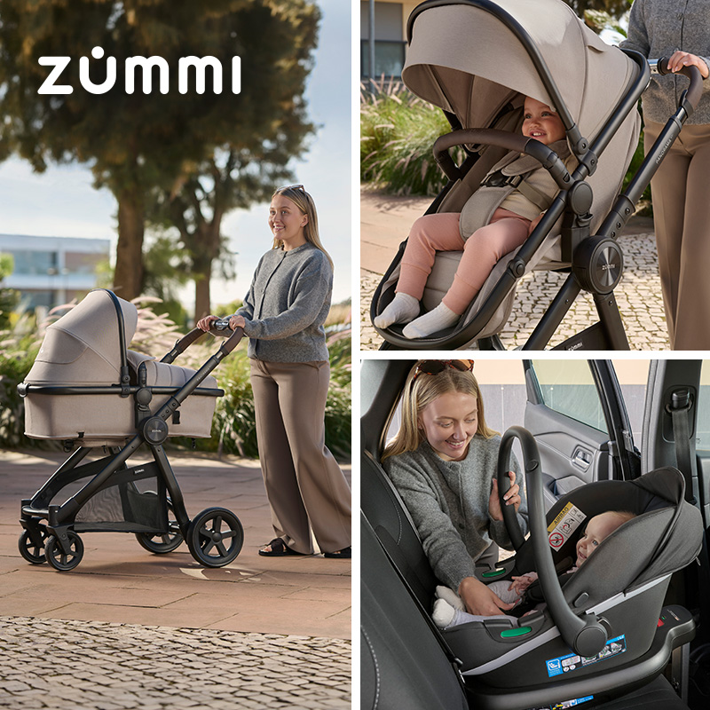 Zummi Panorama XTi 2-in-1 Travel System with EnfaSafe i-Size Car Seat Nougat & i-Size 180° Spin Base on the outside background 