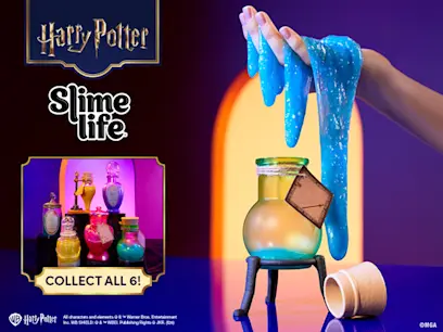 Harry Potter Slime Life Potions Class set showing blue glitter slime being stretched above a potion-style jar. Six colourful potion bottles are pictured in an inset, with text encouraging collectors to collect all six.